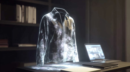 Futuristic nanofabric shirt concept displayed in a modern design studio setting Generative AIの素材