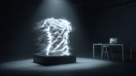 Futuristic nanofabric displayed in a darkened room with advanced technology Generative AIの素材