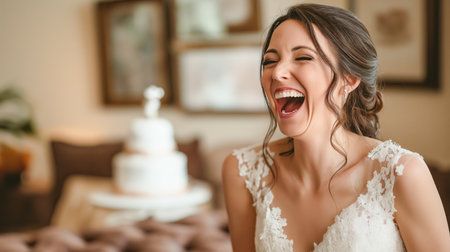 Bride expresses joy and excitement in a charming venue with cake in the backgroundの素材