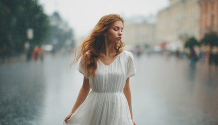 Woman in white dress walking through rainy streets with charm and grace Generative AIの素材