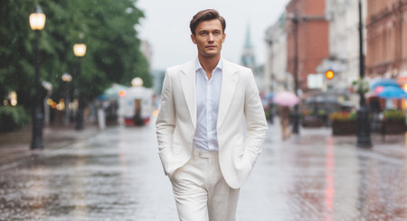 Stylishly walking in the rain wearing a white tailored suit for an elegant look Generative AIの素材