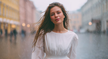 Walking in the rain wearing a clean and water-repellent white dress Generative AIの素材
