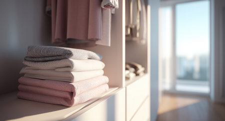 Organized closet with neatly folded clothes and bright natural light Generative AIの素材