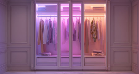 Cleaning and disinfecting a modern wardrobe with advanced technology in the evening Generative AIの素材