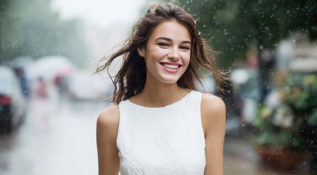 Woman smiling in a rain-soaked city, demonstrating fabrics waterproof qualities Generative AIの素材