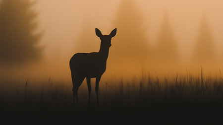 A deer stands quietly in a foggy forest at dawn, surrounded by silhouettes of treesの素材