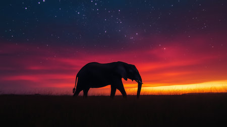 An elephant walks gracefully across a savannah as colorful hues of sunset fill the skyの素材