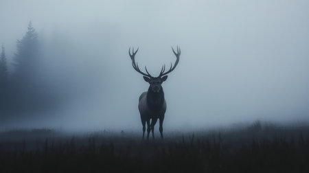 A regal stag quietly emerges through dense fog, surrounded by towering trees at dawnの素材