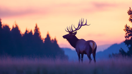 Elk stands gracefully in a grassy field at twilight, backlit by a colorful sunset behind treesの素材