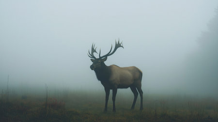 An elk stands gracefully in thick fog, showcasing its impressive antlers in a quiet forest clearingの素材