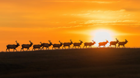 A group of elk moves gracefully across a hillside as the sun sets, painting the sky orangeの素材