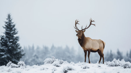 Elk stands tall on snow-covered ground surrounded by frosted trees at dawnの素材