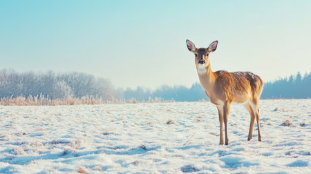 A lone deer observes its surroundings in a snowy field under a clear blue skyの素材