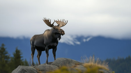 A moose stands atop a rock, surveying the serene landscape with mountains in the backgroundの素材