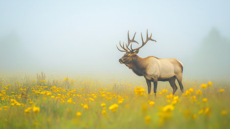 An elk stands gracefully in a meadow filled with yellow wildflowers, surrounded by morning mistの素材