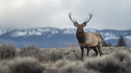 Elk calmly grazes in a grassy field under a cloudy sky with mountains beyondの素材