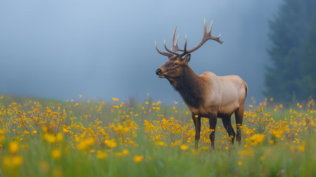 Majestic elk with antlers roams through a vibrant field of wildflowers on a misty morningの素材