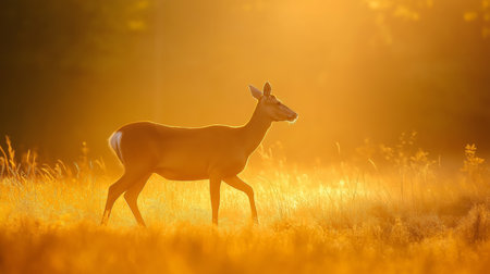 A deer walks elegantly through a sunlit field, surrounded by tall grass and warm light at dawnの素材