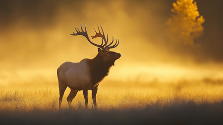 Elk stands tall in a misty meadow, illuminated by the soft glow of the early morning sunの素材