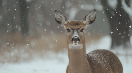 A deer calmly observes its surroundings amidst falling snow in a serene winter landscapeの素材