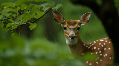 A young deer with spotted fur peers through leaves in a vibrant forest while it rainsの素材