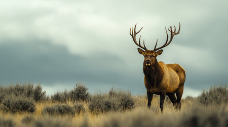 A strong elk gazes into the distance, surrounded by dry grasses and shrubs in a dramatic skyの素材