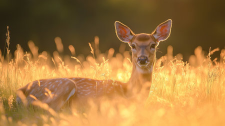 A young deer lies peacefully in a sunlit meadow surrounded by tall grasses at sunsetの素材