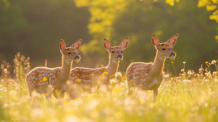 Three spotted fawns are grazing peacefully in a vibrant meadow as the sun sets behind themの素材
