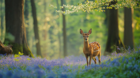 A young deer elegantly navigates through a vibrant field of bluebells in a tranquil forestの素材