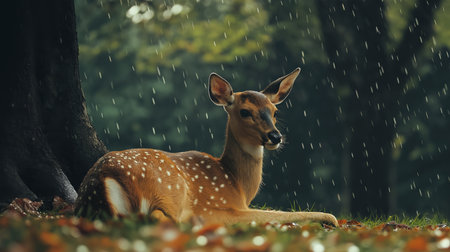 A young fawn relaxes on the ground while light rain falls in a peaceful forest areaの素材