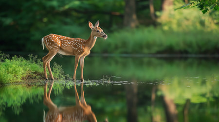 A young deer with spots gazes across the serene water, surrounded by lush greeneryの素材