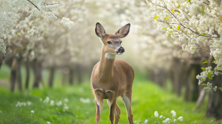 A young deer grazes peacefully among blooming trees in an orchard during springの素材