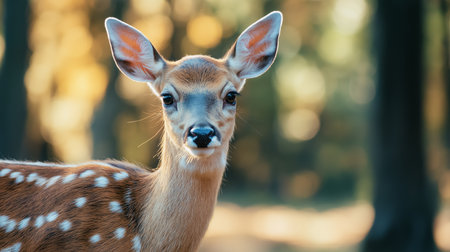 In a quiet forest, a spotted fawn gazes curiously at sunlight filtering through treesの素材