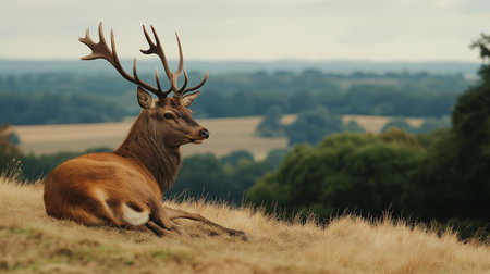 A deer with impressive antlers relaxes on a grassy slope, gazing into the scenic distanceの素材
