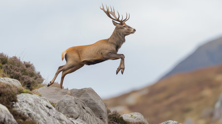 A majestic stag jumps over large rocks in a stunning mountainous area under the skyの素材