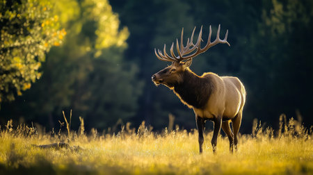 A large elk stands gracefully in a field of golden grass as the sun sets, surrounded by treesの素材