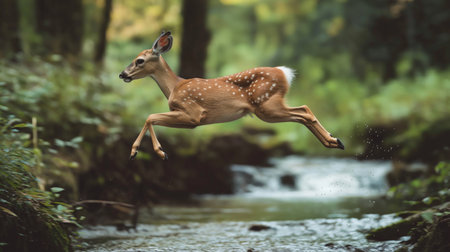 A young deer gracefully jumps across a stream in a lush forest under the summer sunの素材