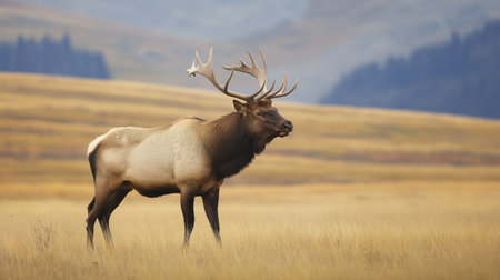 Elk proudly stands in tall grass against a backdrop of mountains and soft morning lightの素材