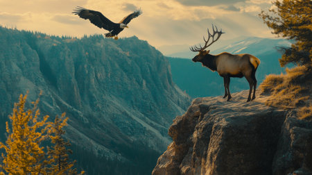 A powerful elk stands on a rocky edge, overlooking mountains as an eagle flies above in the sunsetの素材