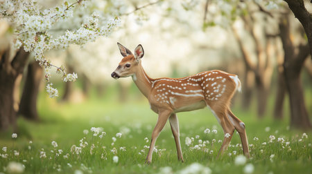 A young fawn explores a lush orchard filled with blooming flowers, enjoying a sunny spring dayの素材