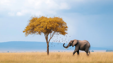 An elephant strolls through the golden grassland, passing a lone tree under a clear blue skyの素材