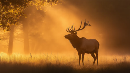 A stag stands silhouetted against a tranquil forest backdrop, illuminated by soft dawn lightの素材