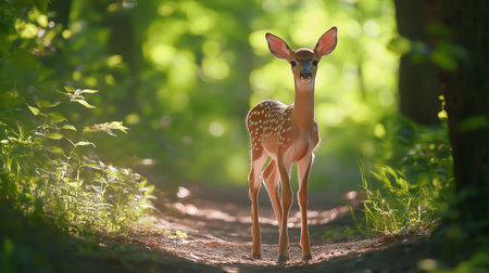 A fawn appears on a sunlit path in the forest, surrounded by lush greenery and soft lightの素材
