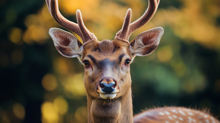 A deer stands still, its antlers visible, in a serene forest setting surrounded by autumn huesの素材