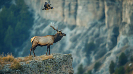 An elk stands on a rugged cliff, overlooking a breathtaking landscape as a golden eagle flies aboveの素材