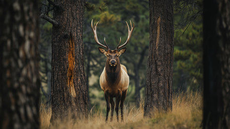 An elk stands gracefully amidst tall trees, surrounded by lush greenery during golden hourの素材