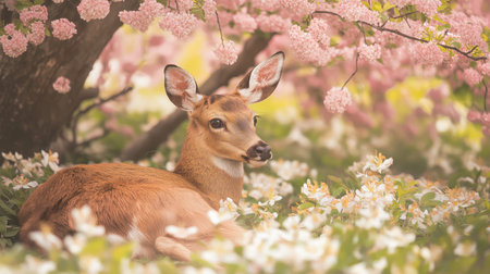 A deer lies peacefully among colorful flowers beneath a cherry blossom tree during springの素材