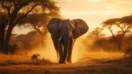 An elephant strides confidently along a dusty path as the sun sets over the savannaの素材