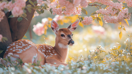 A young deer lies among vibrant pink blossoms under a tree in springtime sunlightの素材