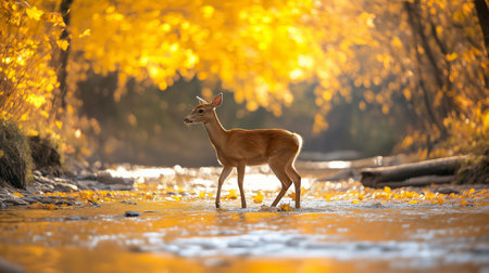 A young deer wades through a sparkling stream in a tranquil forest of golden leavesの素材